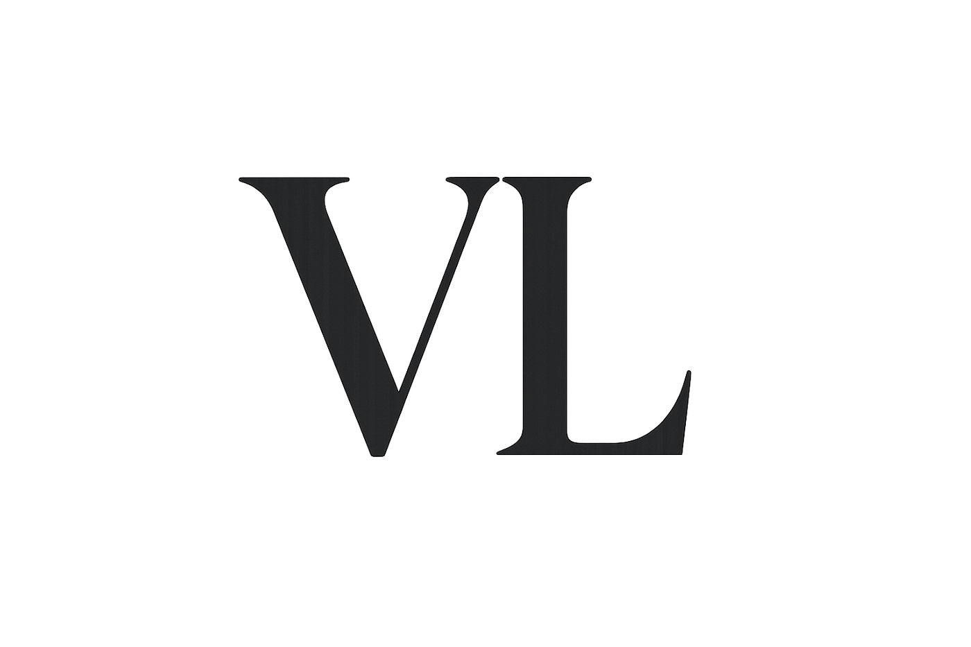 Create a luxury, minimalistic logo with the letters “VL” in a bold, elegant serif font. Use a sleek black or deep charcoal color for the letters, with balanced spacing and sharp edges. Place the letters on a transparent background in a perfect square format. The style should convey sophistication, modern technology, and premium branding, suitable for a high-end tech product brand. No extra icons, just the refined typography.
